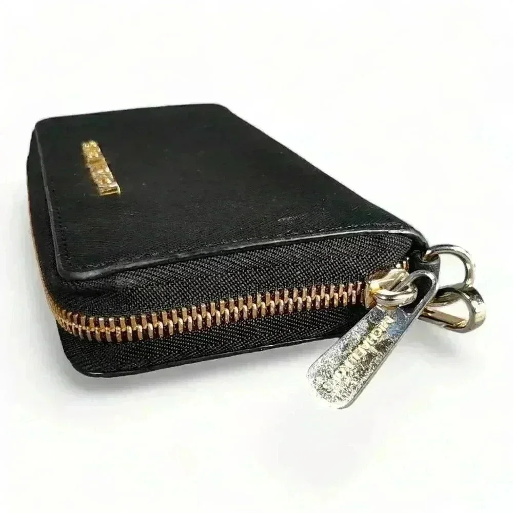 Michael Kors Zip Around Wallet Wristlet Black Leather Gold Logo